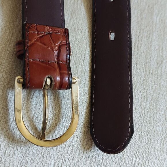 Gator Cowhide Brown Leather Belt Gold Buckle Size 32 - Picture 5 of 11